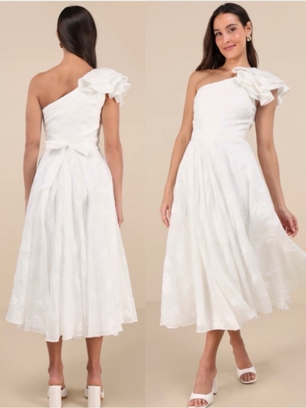 NWT Lulu’s Sweet Definition White Burnout Ruffled One-Shoulder Midi Dress Large